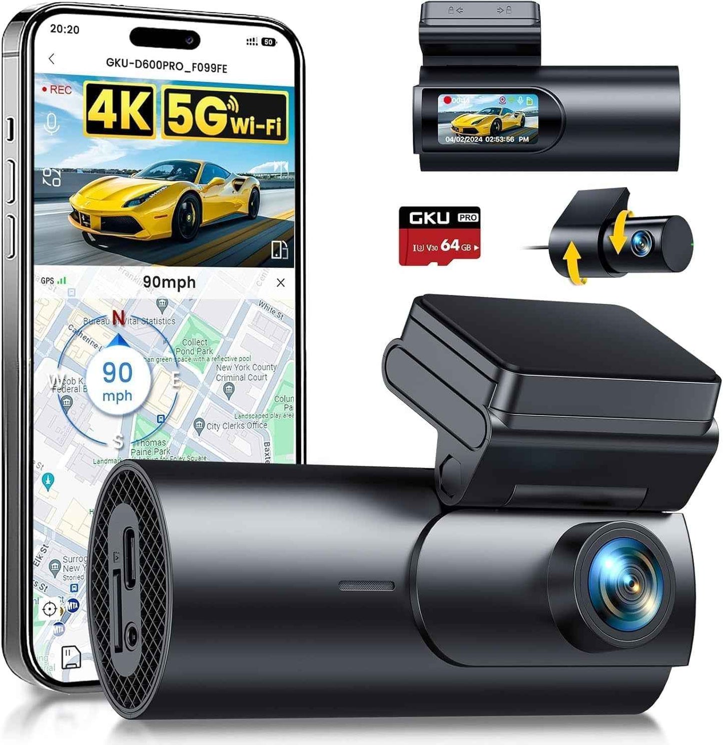 4K Dashcam Voiture Avant Arrière,5G Wifi GPS,2160P+1080P Camera Voiture | 1.5'' IPS Caméra Embarquée Voiture Avec Carte SD 64G,Grand Angle 170°,Vision Nocturne,Wdr,G-Capteur,Mode Stationnement 24H
