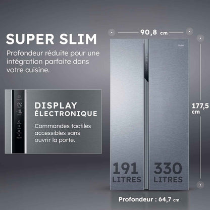 Haier - Réfrigérateur Américain - 2 Portes - Classe Énergétique E - Technologie Total No Frost Multi Air Flow - Inox - 337L + 191L (Congélateur) - 177,5 X 90,8 X 64,7 Cm - Modèle HSR3918ENPG