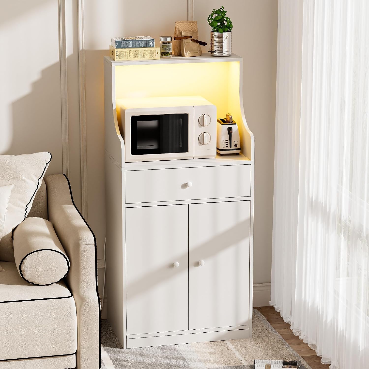 Meuble Micro-Ondes Buffet Avec Prise Armoire De Cuisine Avec 1 Tiroir 1 Grand Casier Et Bandeau Lumineux LED Meuble Buffet 60X40X123Cm Pour Salle À Manger, Cuisine, Salon Blanc