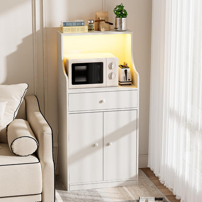 Meuble Micro-Ondes Buffet Avec Prise Armoire De Cuisine Avec 1 Tiroir 1 Grand Casier Et Bandeau Lumineux LED Meuble Buffet 60X40X123Cm Pour Salle À Manger, Cuisine, Salon Blanc