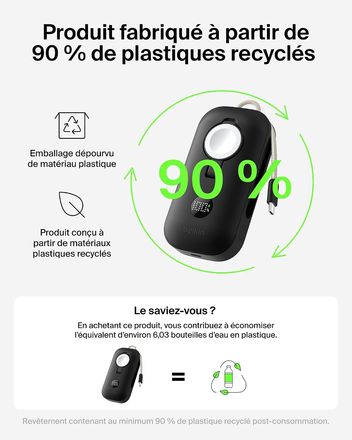 Belkin Boostcharge Pro Batterie Externe 10000Mah Avec Module De Recharge Apple Watch, Chargeur Portable, Câble USB-C À Gaine Tressée Intégré, Écran Numérique, 45W, Recharge De 3 Appareils, Noir