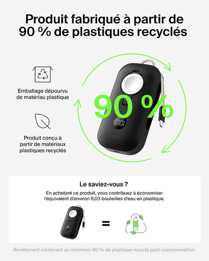 Belkin Boostcharge Pro Batterie Externe 10000Mah Avec Module De Recharge Apple Watch, Chargeur Portable, Câble USB-C À Gaine Tressée Intégré, Écran Numérique, 45W, Recharge De 3 Appareils, Noir