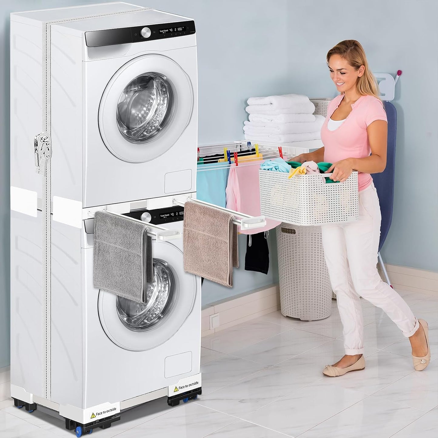 Kit De Superposition Universel, Avec 4 Tiges Télescopiques | Universel Cadre Intermédiaire Pour Lave-Linge Et Sèche-Linge Avec Corde À Cliquet, Taille Réglable（46-66Cm）