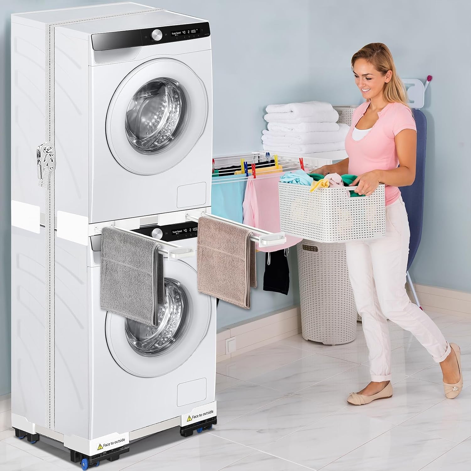 Kit De Superposition Universel, Avec 4 Tiges Télescopiques | Universel Cadre Intermédiaire Pour Lave-Linge Et Sèche-Linge Avec Corde À Cliquet, Taille Réglable（46-66Cm）