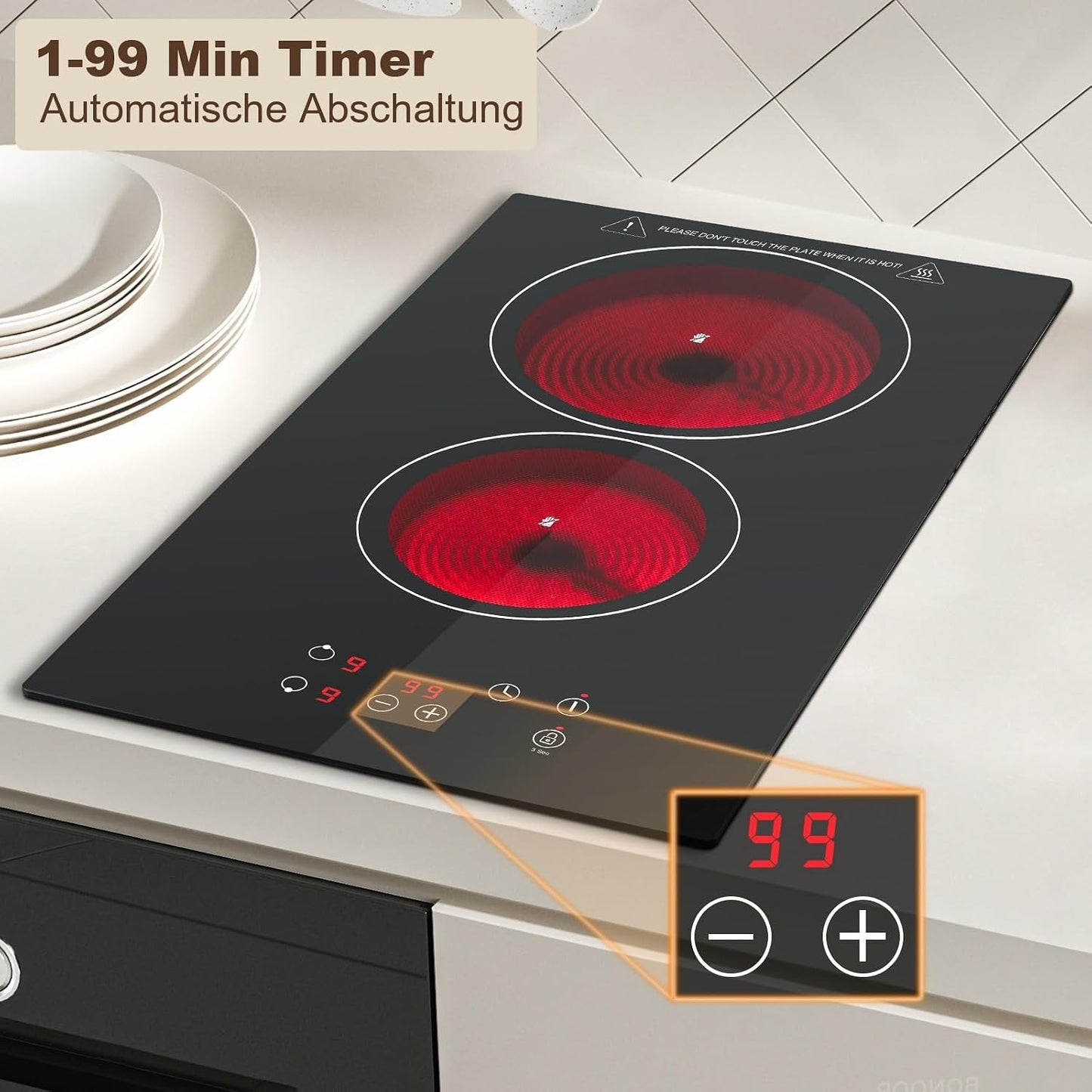 Plaque Vitrocéramique 2 Feux, Plaque De Cuisson Electrique 30Cm, Electrique Plaque Encastrable, Commande Tactile, 3000W 9 Niveaux De Puissance, Minuterie 1-99 Min, Pour Toutes Les Casseroles