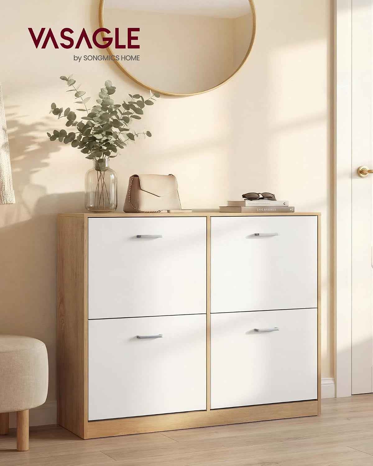 Custos Collection - Meuble À Chaussures À 3 Abattants, Placard De Rangement À 3 Niveaux, 3 Compartiments, Pour Entrée, Salon, Chambre, Doré Chêne LBC035YA01