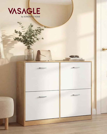 Custos Collection - Meuble À Chaussures À 3 Abattants, Placard De Rangement À 3 Niveaux, 3 Compartiments, Pour Entrée, Salon, Chambre, Doré Chêne LBC035YA01