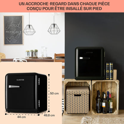 KLARSTEIN Mini Frigo De Chambre Pour Boissons, Petit Frigo Silencieux, Design Vintage, Mini Bar Intérieur, Bières, Petit Refrigerateur Camping, Bureau, Dégivrage Manuel, Cosmetique, 0-10°C, 48L