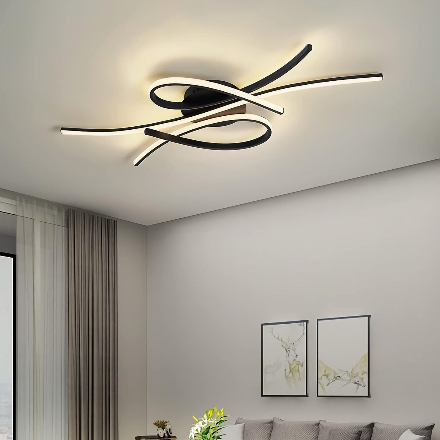 Plafonnier LED Plafonnier Dimmable Lampe De Salon Moderne Lampe De Chambre À Coucher Plafonnier Design D'Intérieur Avec Télécommande Salon Cuisine Bureau (Noir, L100Cm)