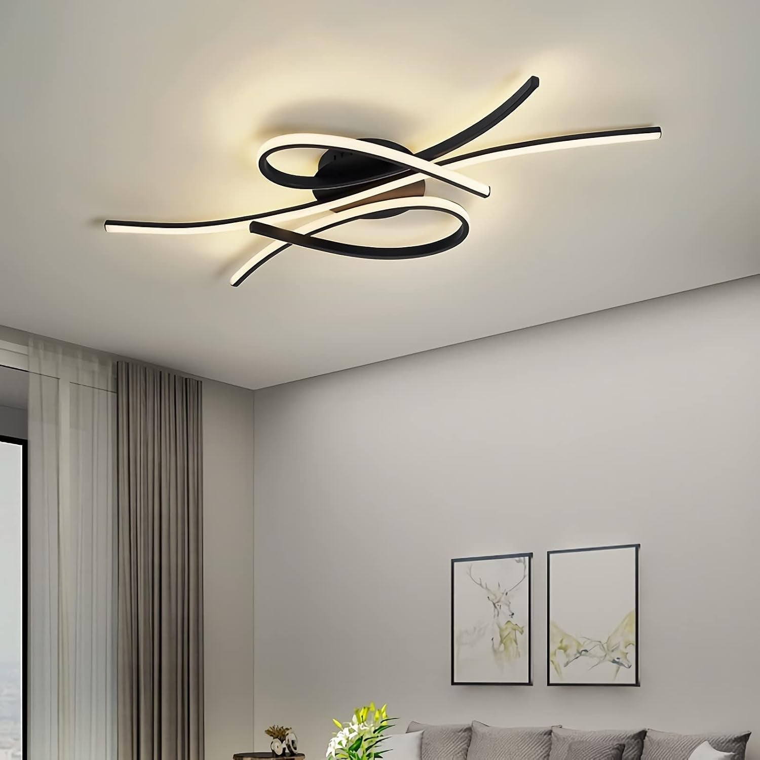 Plafonnier LED Plafonnier Dimmable Lampe De Salon Moderne Lampe De Chambre À Coucher Plafonnier Design D'Intérieur Avec Télécommande Salon Cuisine Bureau (Noir, L100Cm)