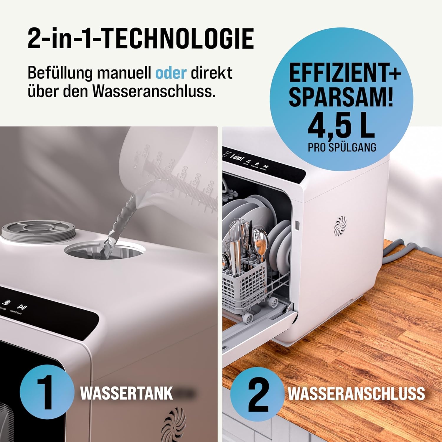 MONZANA® Mini Lave-Vaisselle Noir-Blanc Réservoir D'Eau 4,5L Lave Vaisselle De Table 3 Couverts App WIFI Étudiants Couples