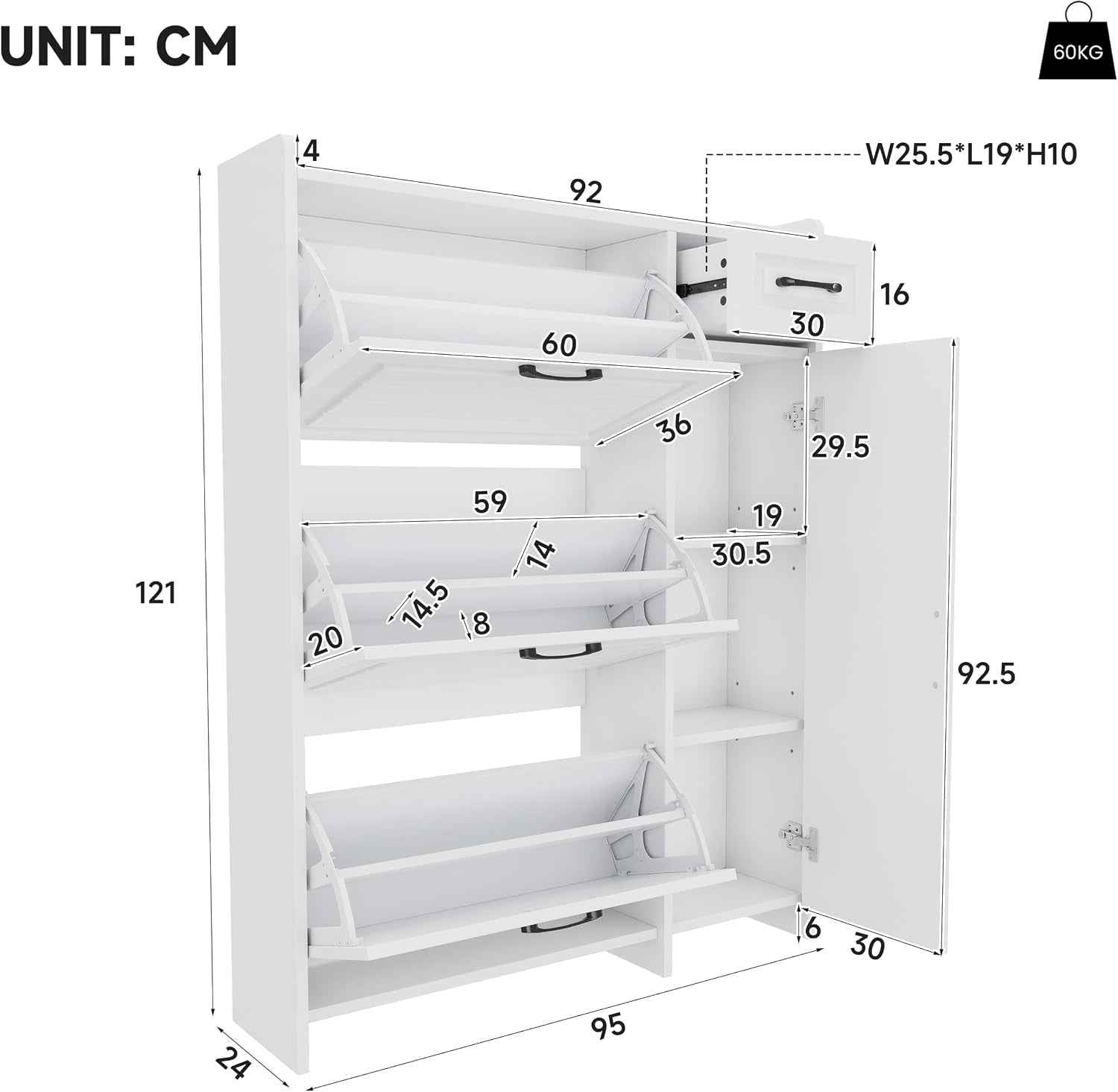 Meuble À Chaussures Avec 3 Compartiments Abattants, Tiroir, Compartiment Latéral À Étagères Réglables, Armoire À Chaussures Pour Entrée, Blanc