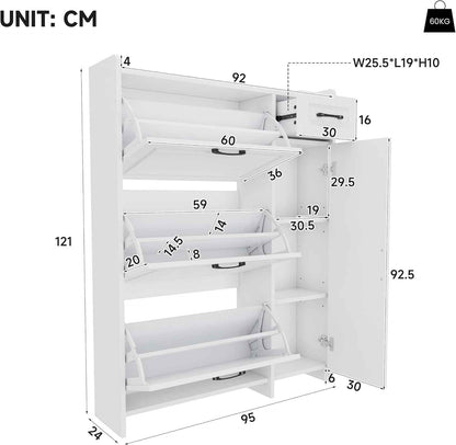 Meuble À Chaussures Avec 3 Compartiments Abattants, Tiroir, Compartiment Latéral À Étagères Réglables, Armoire À Chaussures Pour Entrée, Blanc
