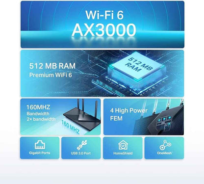 Archer AX55 Routeur Wifi 6, Routeur Wifi AX 3000 Mbps Bi-Bande, 5 Ports Gigabit, 4 Antennes À Haute Performance, WPA3, Contrôle Parental, Onemesh, Antivirus Intégré