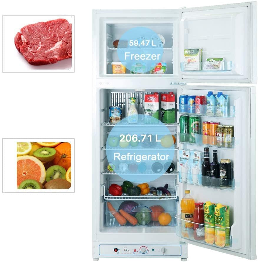 Frigo Gaz Avec Congélateur, 265L, Réfrigérateur Congélateur Gaz/220V, Frigo Congélateur Combiné, Frigo Camping Gaz Pour Camping-Car, Garage, Caravane, Mobile-Home, Blanc