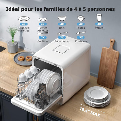 Mini Lave-Vaisselle De Table Avec 7+2 Programmes, Design Ultra-Étroit & Profond 37 * 50Cm, 4 Couverts, Démarrage Différé 1-24H, Double Jet 360°, Réservoir D'Eau De 5L, Blanc (Blanc)
