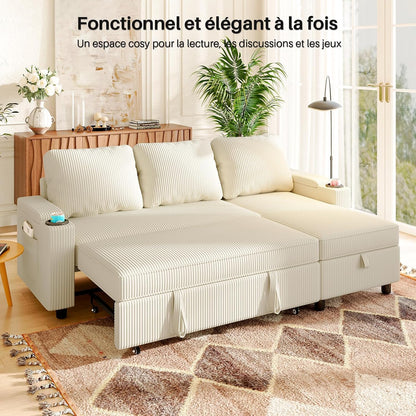 , Canapé Lit Avec Rangement Intégré Et Accoudoirs Multifonctionnels, Idéal Pour Salon, Design Moderne Et Pratique,Bureau Et Petit Appartement, Beige
