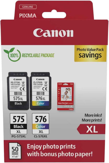 Canon PG-575XL + CL-576XL Fine Cartouches D'Encre D'Origine + Papier Photo | 15Ml + 12.6Ml Encre Authentique Haute Capacité Et Papier Photo - Pour PIXMA Ts3551I, Ts3550I, TS3550, Tr4750I Et plus !