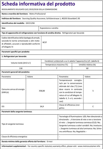 Réfrigérateur À Boissons GSC2125B, Métal/Verre, 54.5 X 54 X 84 Cm, 118 L, Refroidissement Statique Par Air, Avec Serrure, Noir