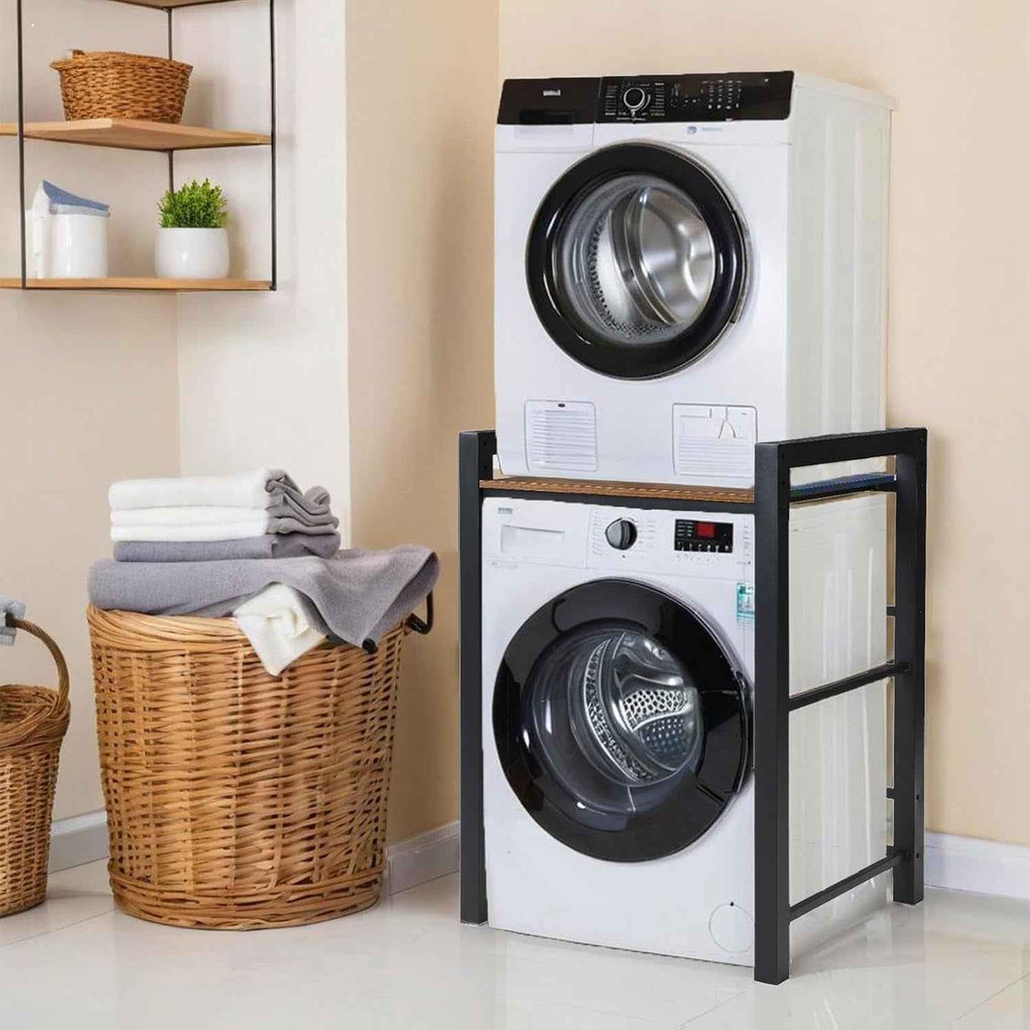 Meuble Machine À Laver Et Seche Linge, 3 Réglable En Hauteur, Kit D'Empilage Pour Lave-Linge Et Sèche-Linge À Chargement Frontal, Meuble Machine À Laver, Capacité Charge 300Kg (Nori)