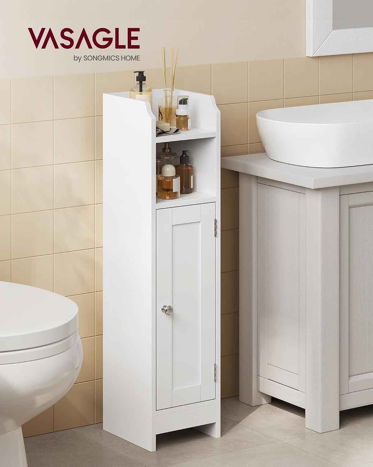 Meuble De Salle De Bain, Armoire D’Angle Avec Porte Et Étagères, Organisateur De Rangement, Meuble Étroit Pour Papier Toilette, Étagères Réglables, 20 X 18 X 80 Cm, Blanc Nuage BBC310W01