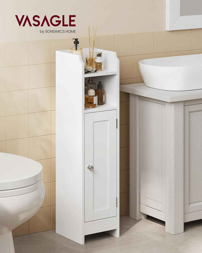 Meuble De Salle De Bain, Armoire D’Angle Avec Porte Et Étagères, Organisateur De Rangement, Meuble Étroit Pour Papier Toilette, Étagères Réglables, 20 X 18 X 80 Cm, Blanc Nuage BBC310W01