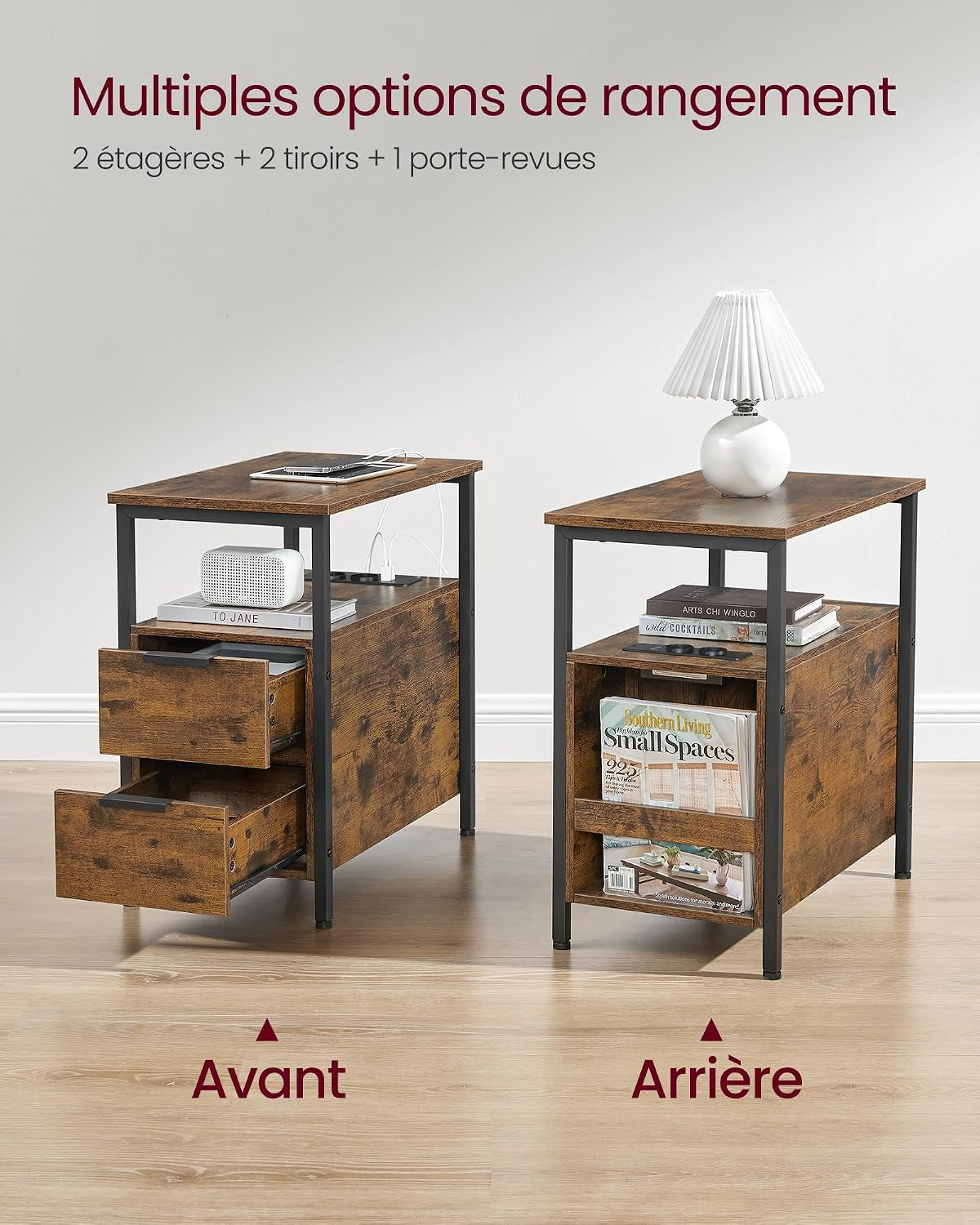 Table D’Appoint Avec Multiprise, Petite Et Fine Avec 2 Tiroirs, Table De Chevet Avec Rangement, Pour Salon, Chambre, Marron Rustique Et Noir D'Encre LET325B01