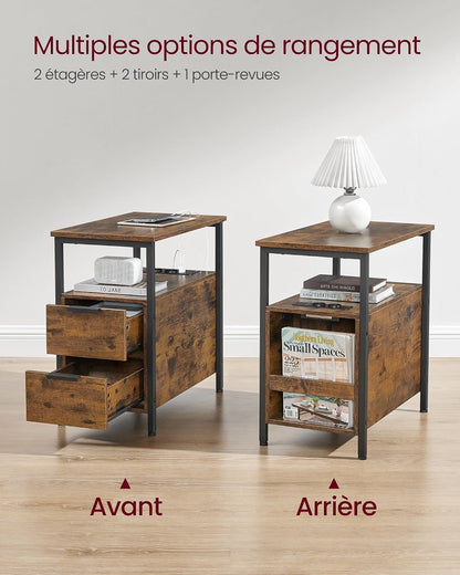 Table D’Appoint Avec Multiprise, Petite Et Fine Avec 2 Tiroirs, Table De Chevet Avec Rangement, Pour Salon, Chambre, Marron Rustique Et Noir D'Encre LET325B01