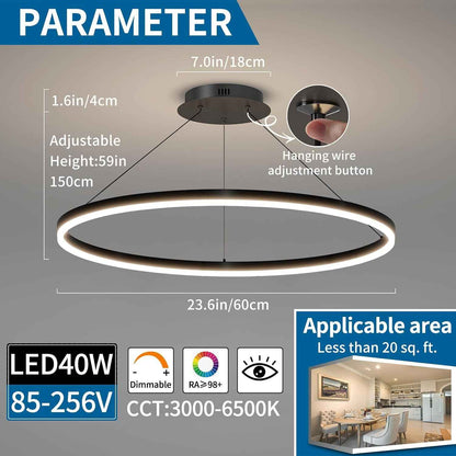 60Cm Luminaires Suspendus Pour Table À Manger Ronde, Lustre À Gradation De 10% À 100% Lampe Pendante De Cuisine LED 3000K/4500K/6500K Luminaire Suspendu Réglable En Hauteur Pour L'Île