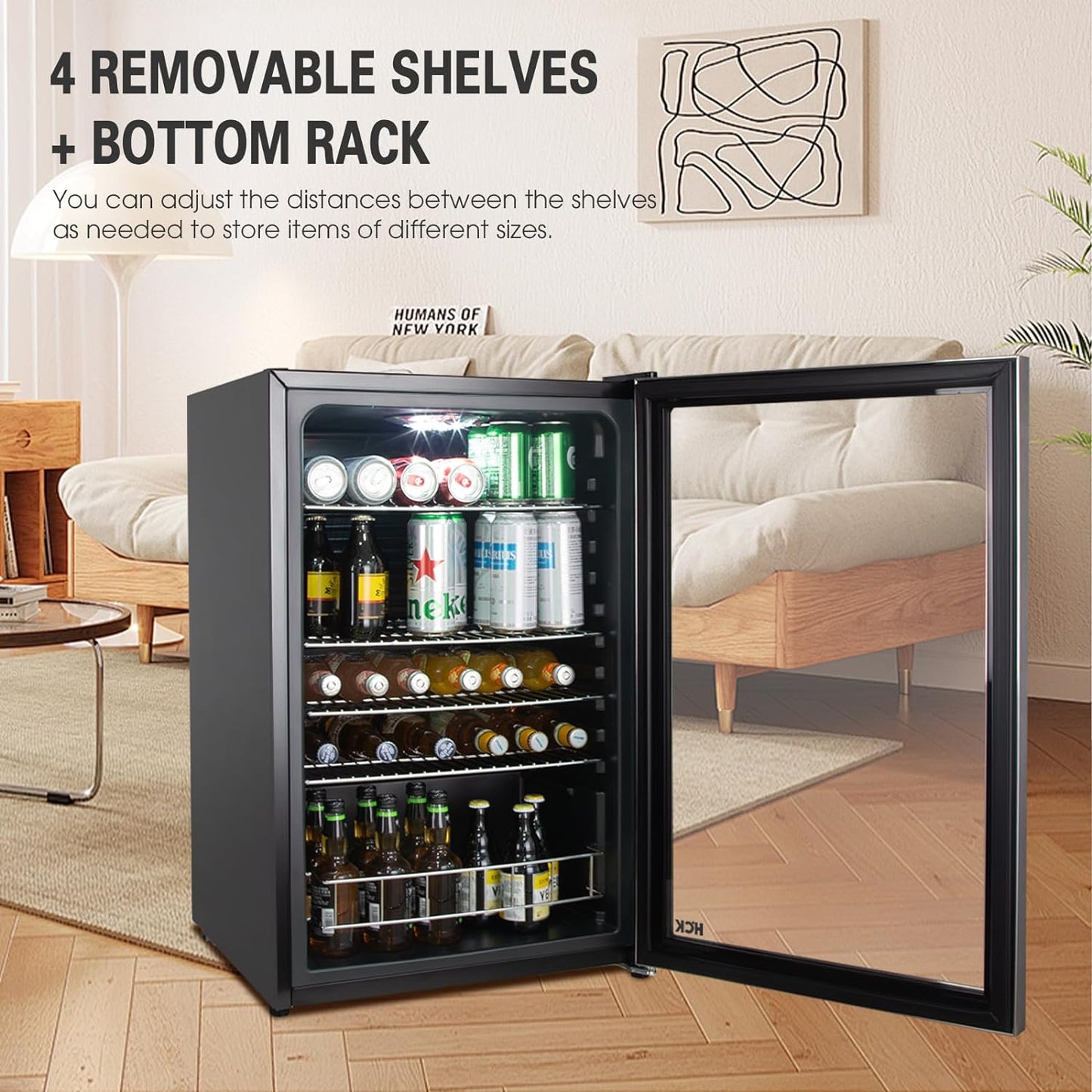 115L Réfrigérateur À Boissons En Pose Libre Avec Porte En Verre Double Vitrage, Température Réglable De 0 À 10 ℃, 4 Étagères Amovibles Pour Bières Et Boissons