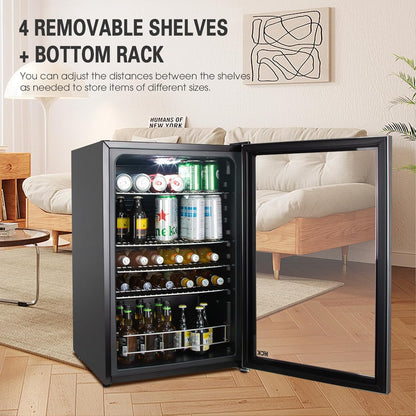 115L Réfrigérateur À Boissons En Pose Libre Avec Porte En Verre Double Vitrage, Température Réglable De 0 À 10 ℃, 4 Étagères Amovibles Pour Bières Et Boissons