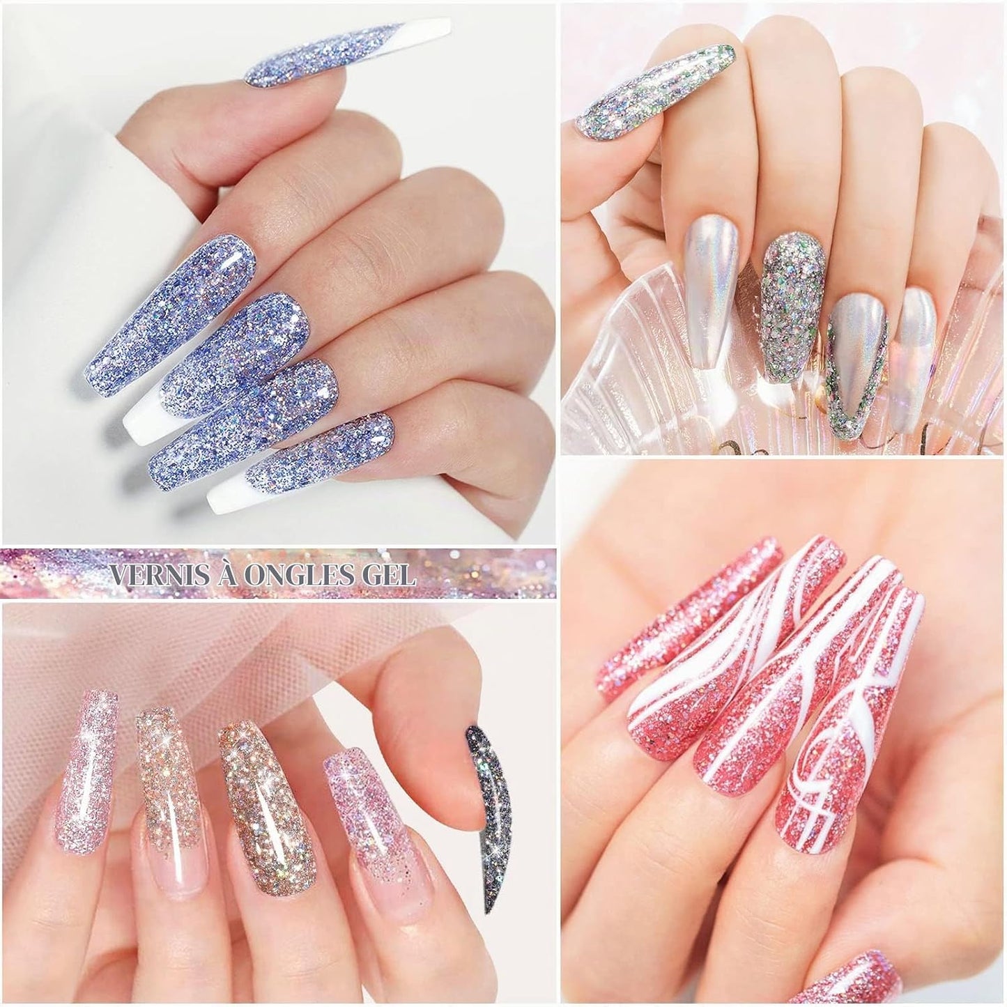 Vernis À Ongles Semi Permanent Paillettes, 10 Couleurs Blanc Argenté Noir or Rose Gel Soak off UV/LED Kit Pour Salon De Manucure DIY Home, 8Ml