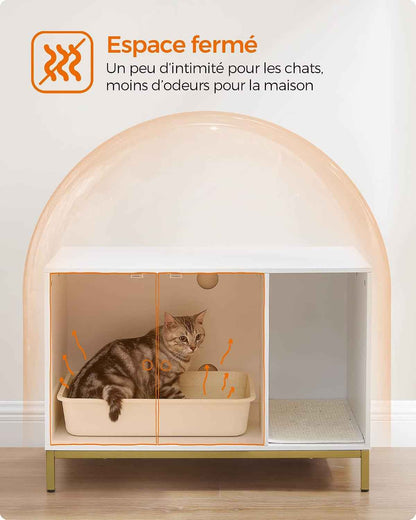 Meuble Litière Pour Chat, Maison De Toilette Pour Chat, Avec Tapis De Grattage, Pieds Hauts, Table D'Appoint, 80 X 50 X 55 Cm, Blanc Et Doré PCL007W01