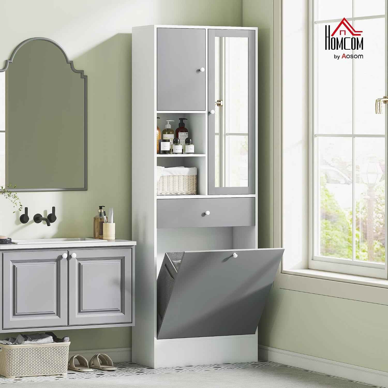 Meuble De Salle De Bain Haut Avec Coffre a Linge Et Miroir | Meuble De Rangement, Placards À Portes, 2 Compartiments Ouverts, Tiroir, Étagère Réglable, 62 X 28,3 X 181 Cm, Gris Et Blanc