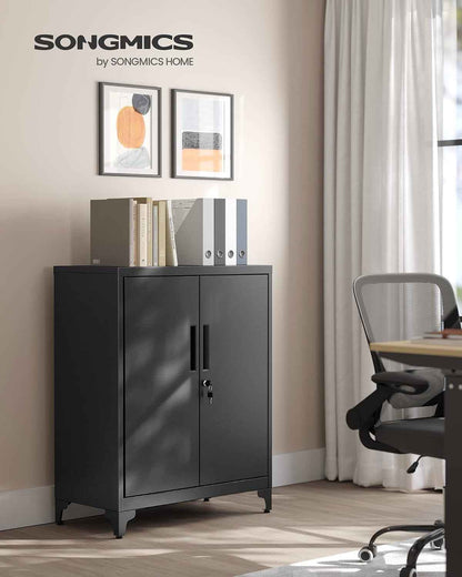 Caisson De Bureau, Placard Polyvalent, Armoire De Bureau À 2 Portes, Verrouillable, En Acier, Pour Salon, Noir Mat OMC013B01
