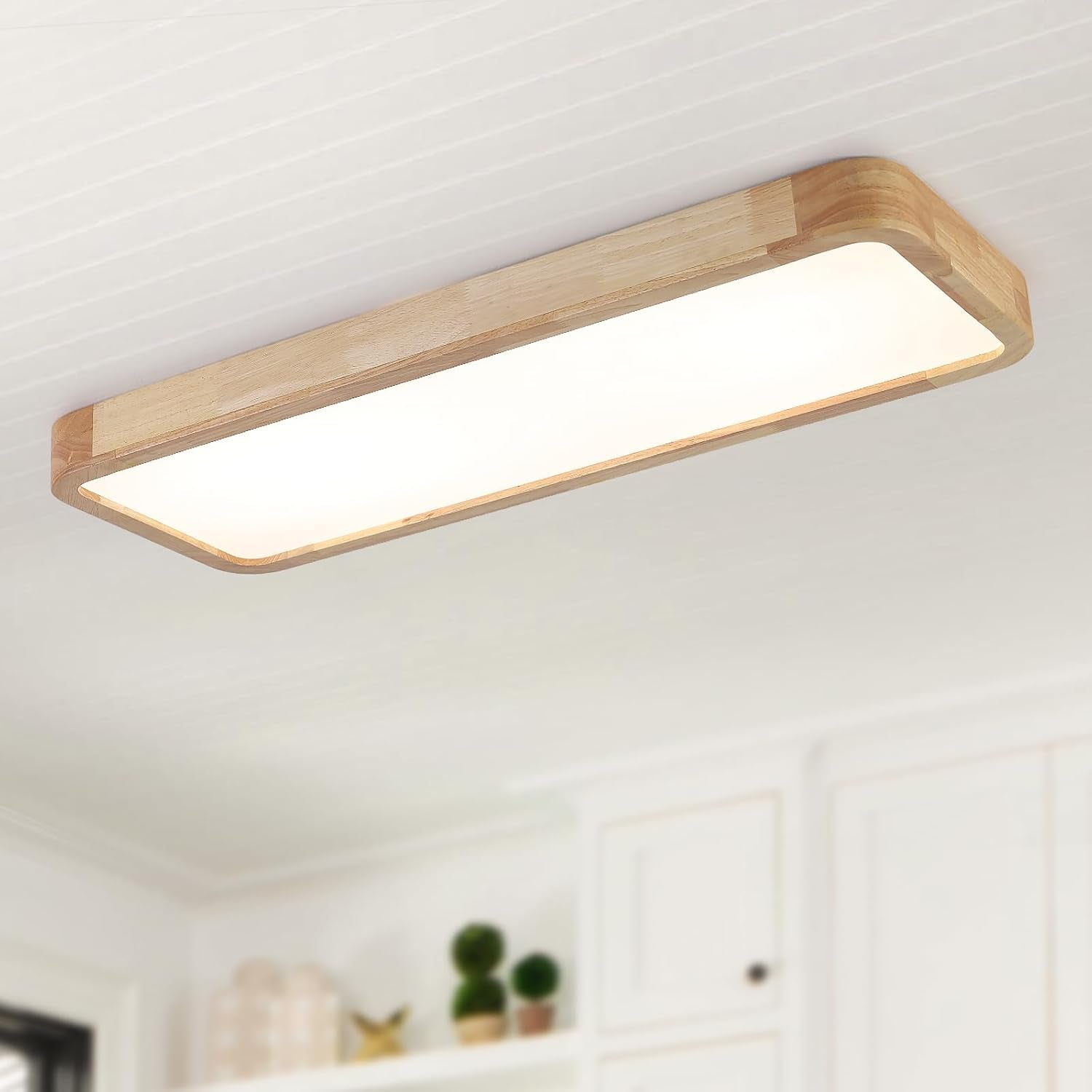 Bois Plafonnier Led,Chambre Luminaires Intérieur 80 * 30Cm Carré Cuisine Lampe 36W Contrôle Dimmable Grand Luminaire Plafonnier Pour Salon Atelier