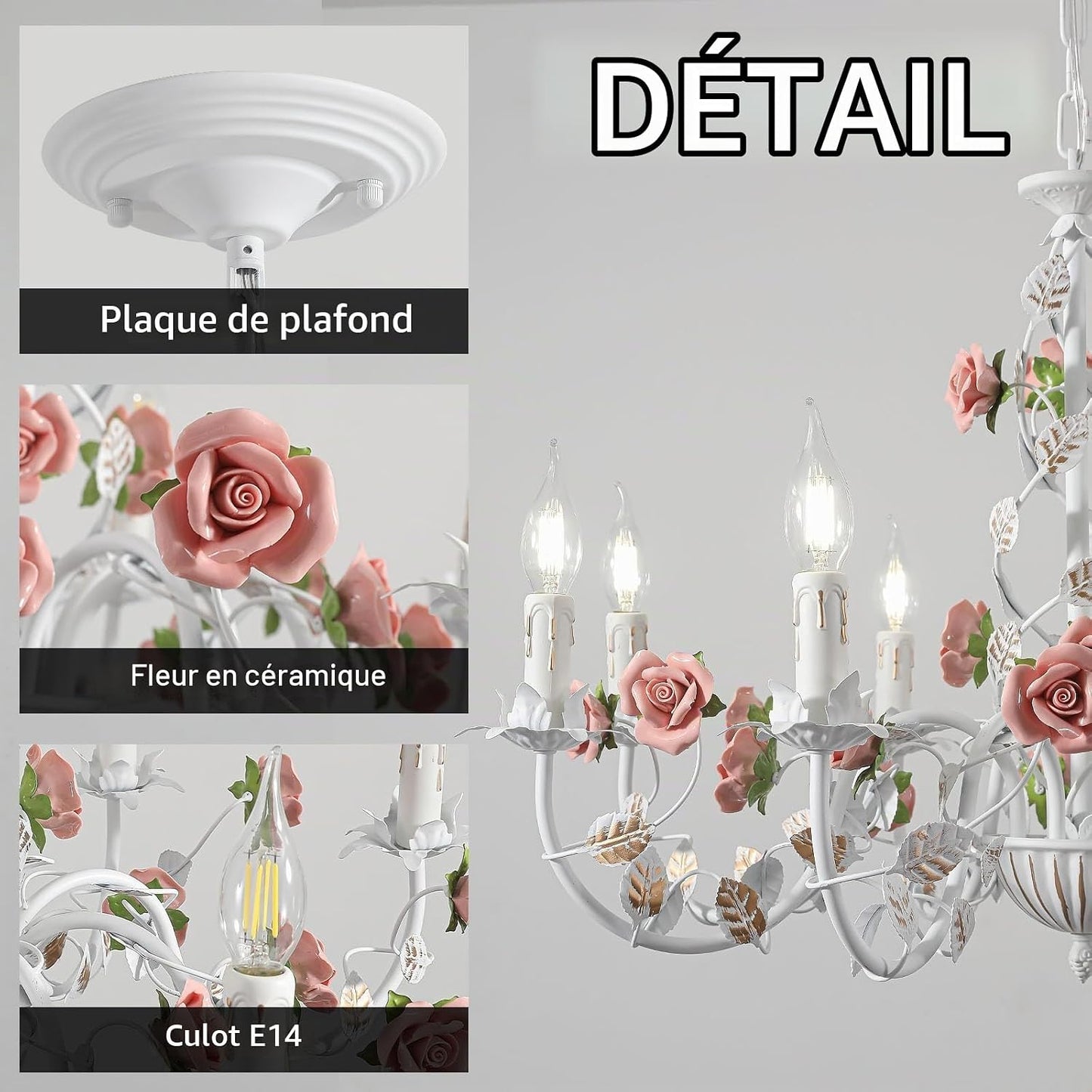 Lustre Blanc Vintage,Lustre Salon En Métal Avec Rose En Céramique Fleurs,Suspension Luminaire À Bougies E14 Française Pour Chambre Salon Enfant Chambre Salle À Manger,8 Lumières
