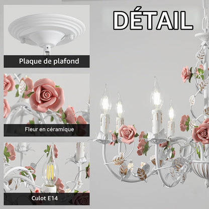 Lustre Blanc Vintage,Lustre Salon En Métal Avec Rose En Céramique Fleurs,Suspension Luminaire À Bougies E14 Française Pour Chambre Salon Enfant Chambre Salle À Manger,8 Lumières