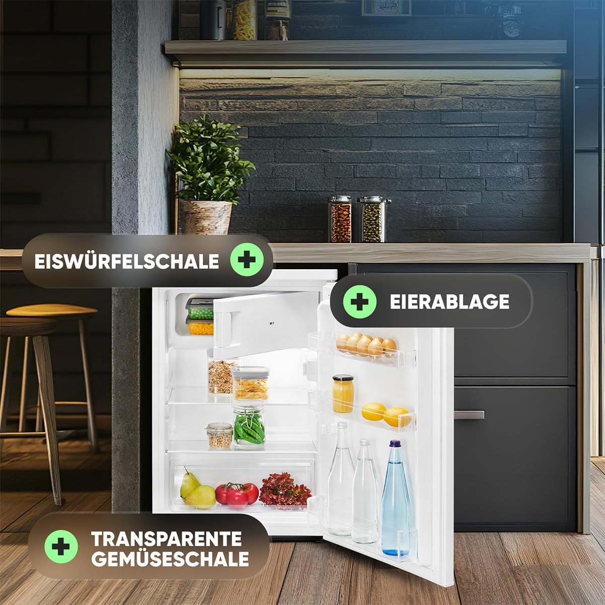 Réfrigérateur Congélateur 109 L KS 7251, Éclairage LED, Blanc | Réfrigérateur 95 L, Congélateur 14 L, Éclairage LED, 2 Étagères En Verre, Bac À Glaçons, Silencieux 37 Db
