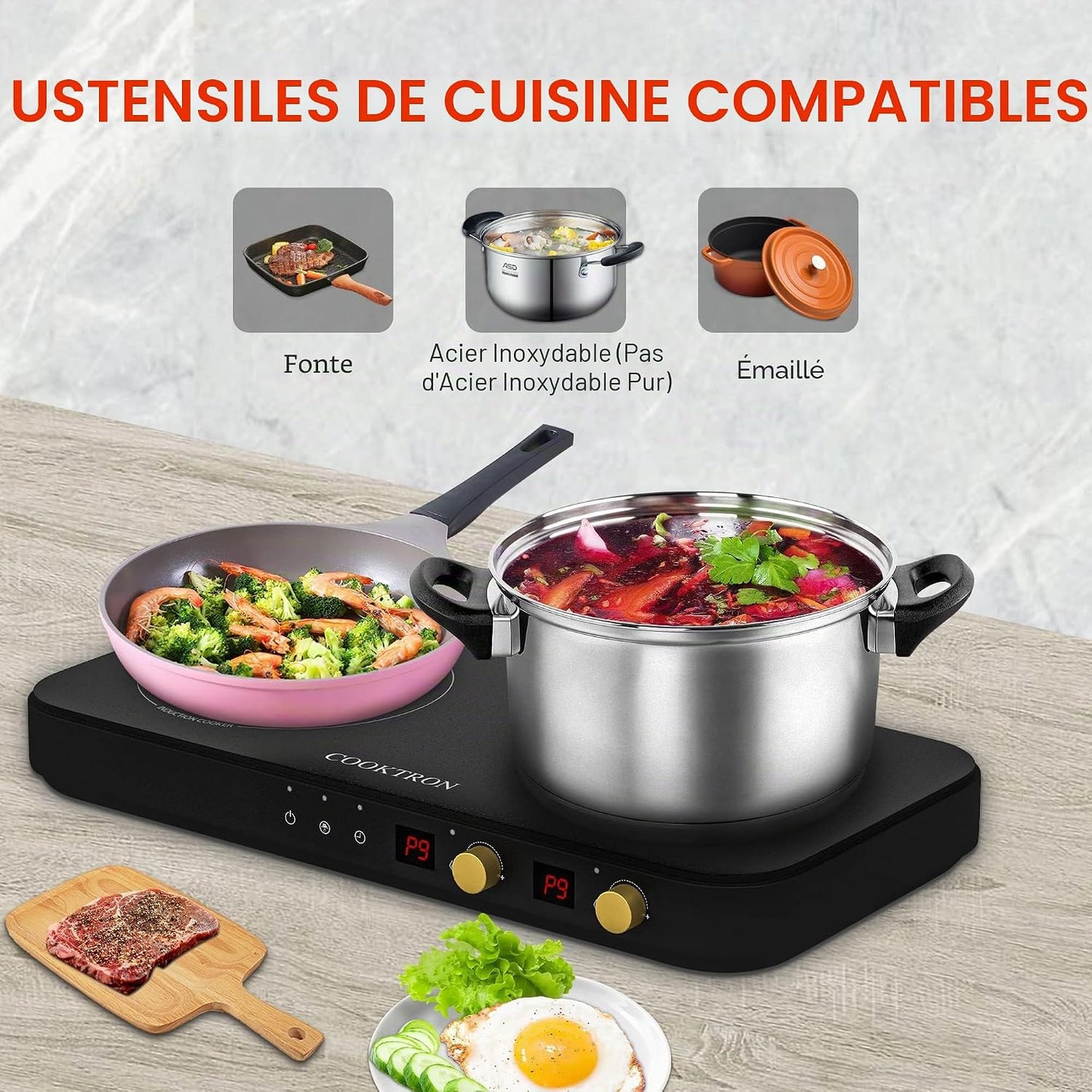 Double Plaque De Cuisson À Induction Avec Poêle En Fonte Amovible Antiadhésive 1800 W 2 Brûleurs Portable Avec Capteur Tactile 9 Niveaux De Puissance, Minuterie De 99 Min, Convient Pour