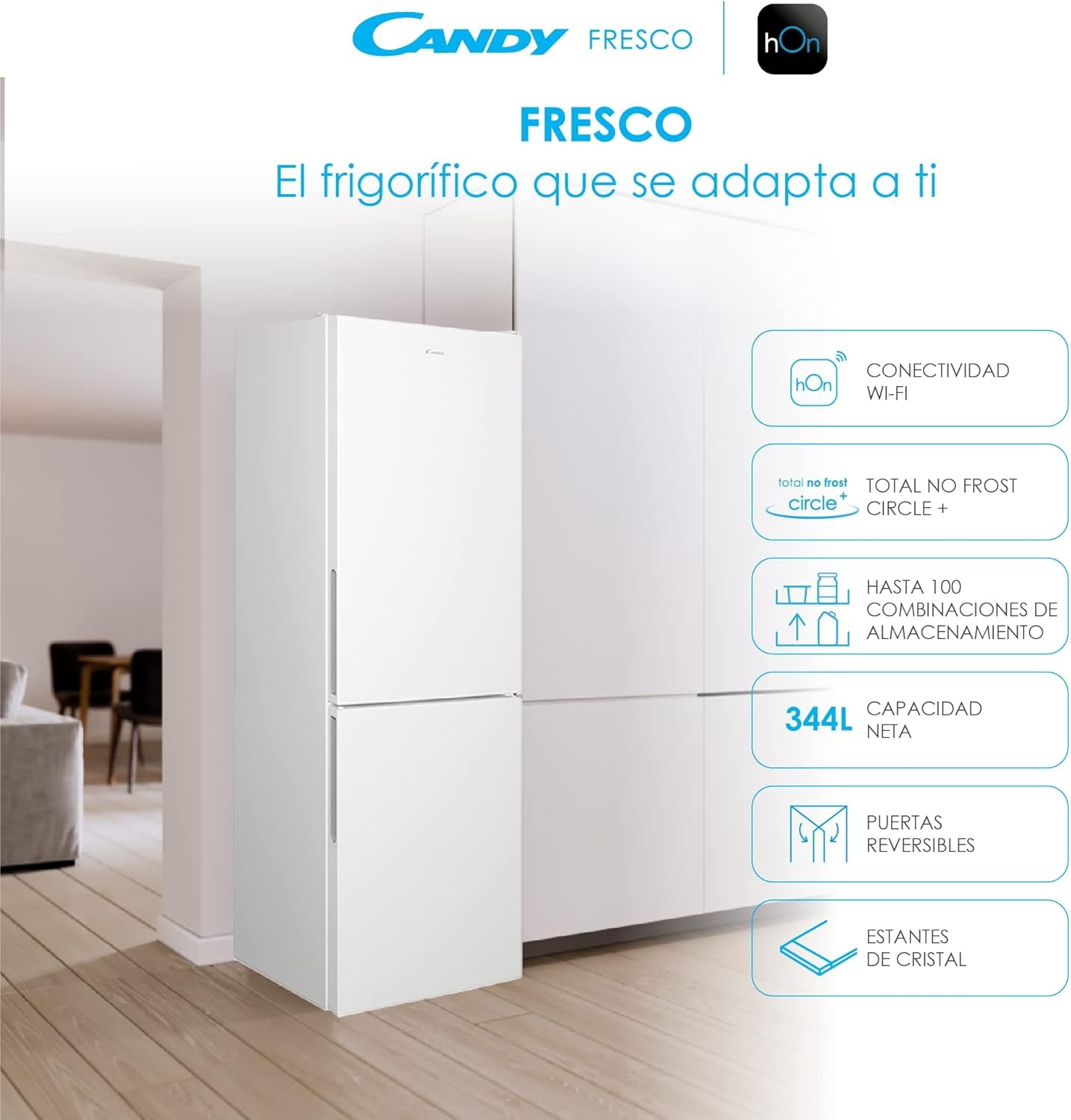CCE4T618EW Réfrigérateur Combiné - Total Nofrost Circle+, 344L, Stockage Flexible, Wi-Fi, Étagères Safety Glass, Lumières LED, Portes Réversibles, 39 Dba, Classe E, Blanc