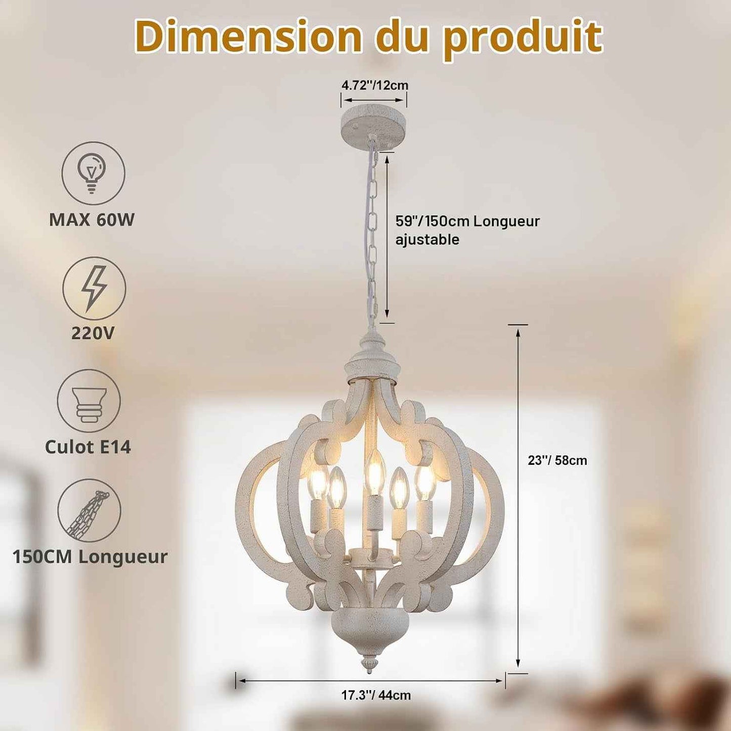 Lustre De Ferme En Bois 5 Lumières Lampe À Suspension Rustique Blanche Vieillie Lustres De Campagne Française Pour Salle À Manger, Chambre À Coucher, Cuisine