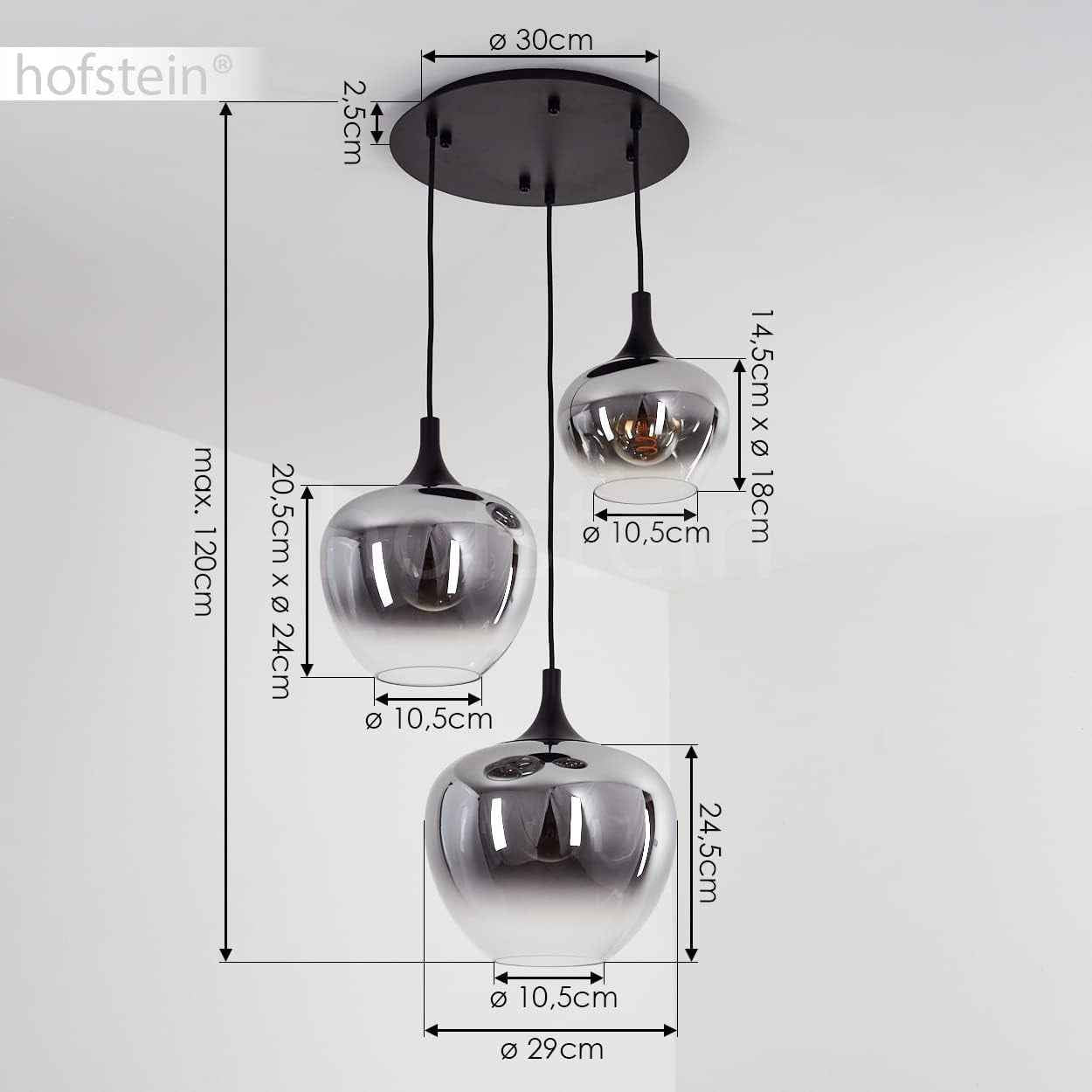 Azurara Lampe Suspendue En Métal/Verre Noir/Fumé/Transparent Design Moderne 3 Flammes Hauteur Max. 120 Cm 3 Ampoules E27