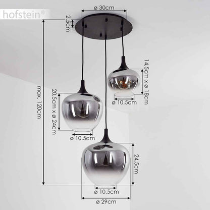 Azurara Lampe Suspendue En Métal/Verre Noir/Fumé/Transparent Design Moderne 3 Flammes Hauteur Max. 120 Cm 3 Ampoules E27