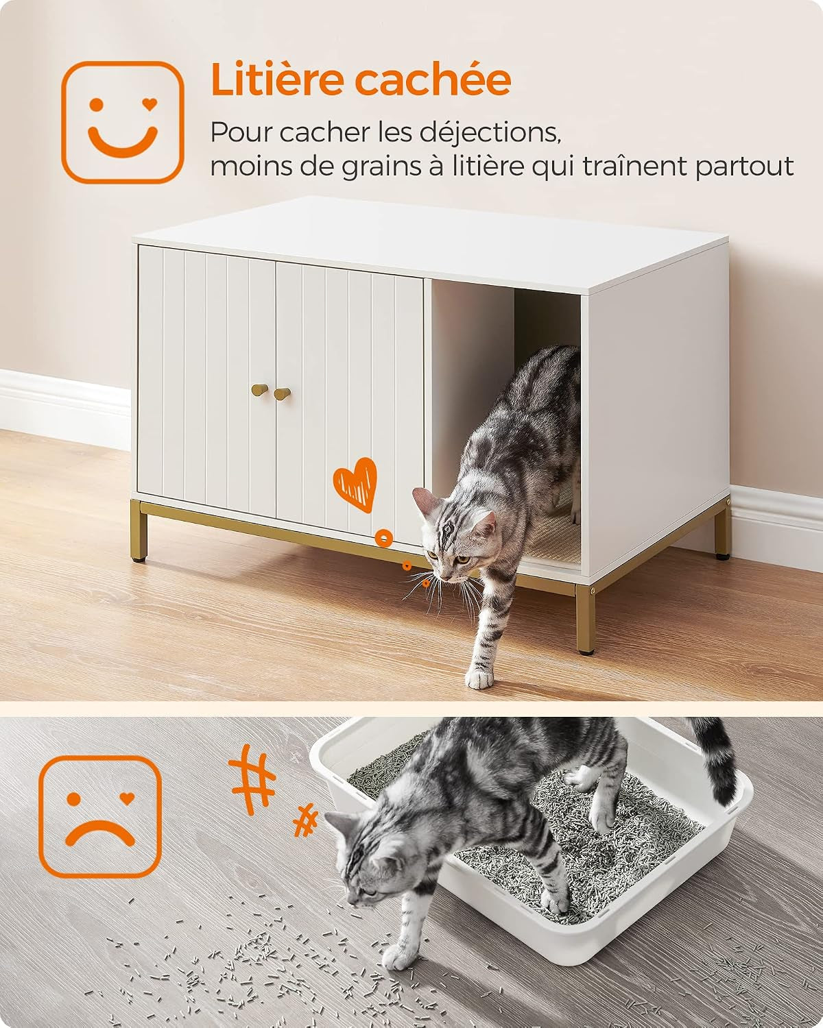 Meuble Litière Pour Chat, Maison De Toilette Pour Chat, Avec Tapis De Grattage, Pieds Hauts, Table D'Appoint, 80 X 50 X 55 Cm, Blanc Et Doré PCL007W01