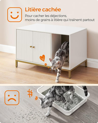 Meuble Litière Pour Chat, Maison De Toilette Pour Chat, Avec Tapis De Grattage, Pieds Hauts, Table D'Appoint, 80 X 50 X 55 Cm, Blanc Et Doré PCL007W01