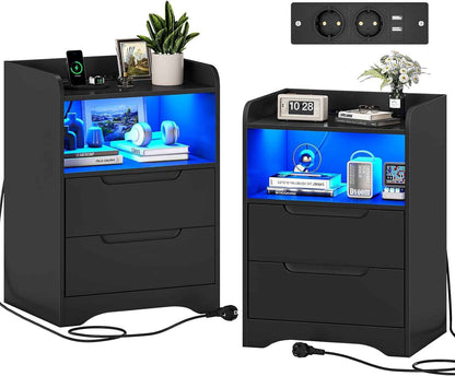 Table De Chevet Lot De 2 Avec Lumières LED Et Multiprise (2 Prises CA, 2 Ports USB) Table De Nuit Lot De 2 Avec 1 Compartiment Ouvert Et 2 Tiroirs Pour Salon, Chambre, Bureau, Moderne, Noir