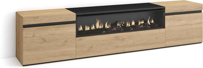 | Meuble TV | Banc Télé | Grand Espace De Rangement | 200X45X35Cm | Pour Les TV Jusqu'À 80" | Cheminée Électrique | Style Moderne | Chêne Et Noir