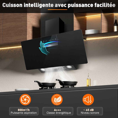 A+++ Hotte Aspirante 90 Cm, 800 M³/H, Contrôle Gestes & Tactile | Hotte De Cuisine 3 Vitesses + Mode Booster, Filtre À Charbon Actif, Recyclage/Évacuation, Panneau Verre Tactile, Hotte Noire