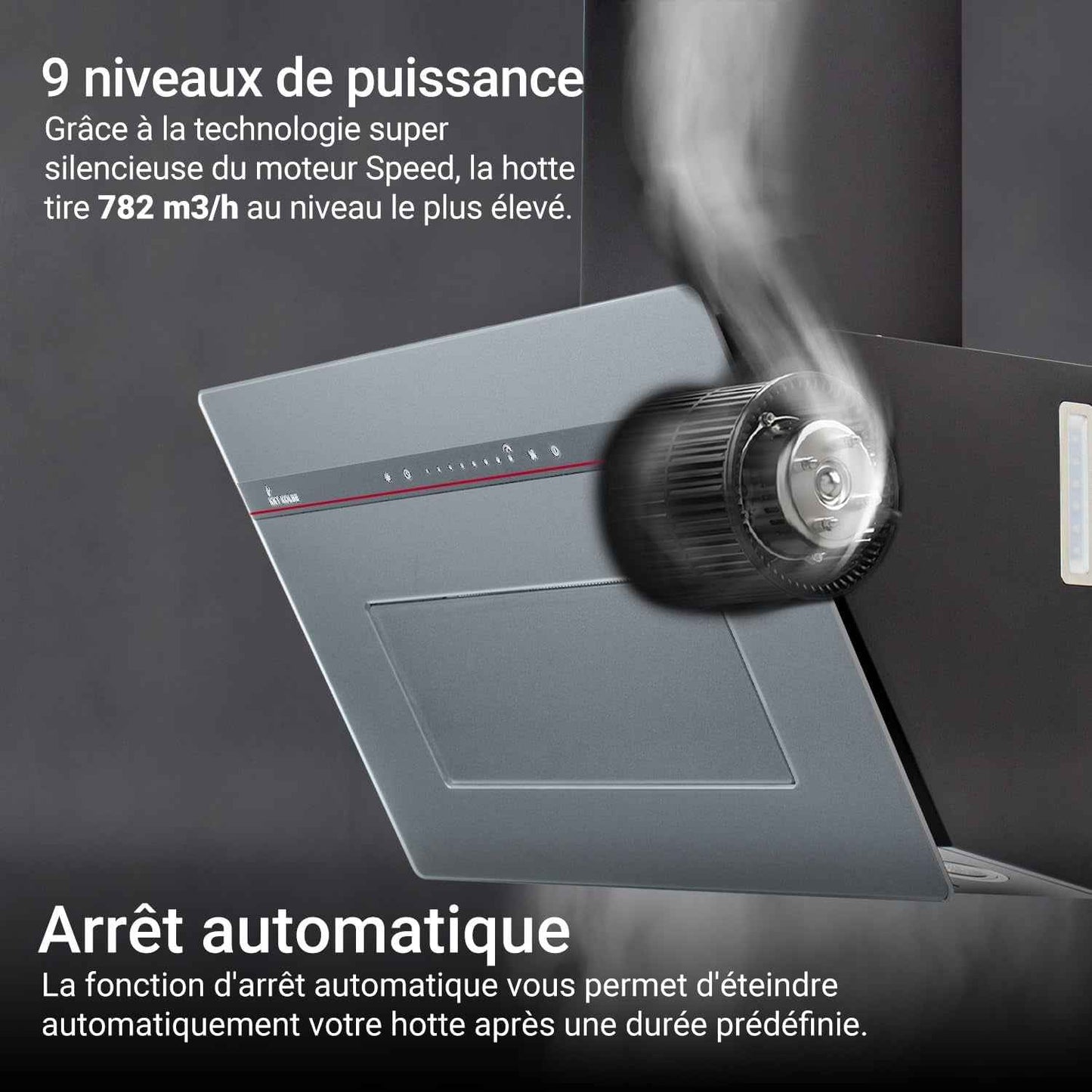 Hotte Murale Inclinée 90 Cm A+++ 782 M³/H Évacuation/Recyclage | Verre Gris Mat | Fonction Arrêt Différé | Smart Wifi App WLAN | Commandes Sensortouch | Éclairage LED RGBW | PLOOM9005G